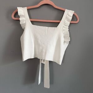 IDEM DITTO Cropped Top, Knitted, Cream, Sleeveless, Ruffled Straps, Tie Back, S
